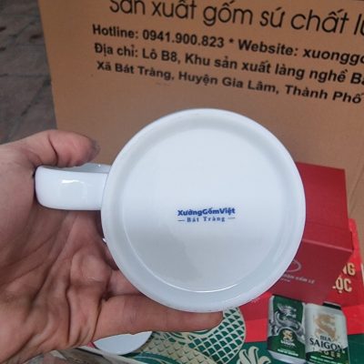 Cốc sứ lọc trà in logo có nắp dáng trụ cao quai C 450ml CSLT-02