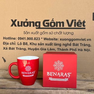 Ly sứ màu in logo dáng thóp quai C màu đỏ và trắng 350ml LSM-20