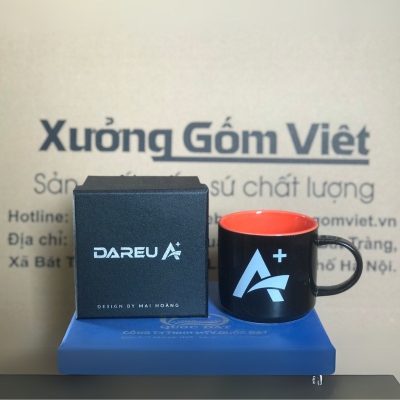 Ly sứ màu in logo dáng trụ lùn quai C màu cam và đen 300ml LSM-03