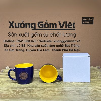 Ly sứ màu in logo dáng trụ lùn quai C màu xanh navy và vàng 300ml LSM-17