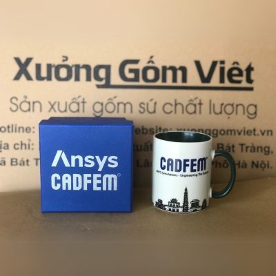 Ly sứ màu in logo dáng trụ quai C màu đen và trắng 350ml LSM-24
