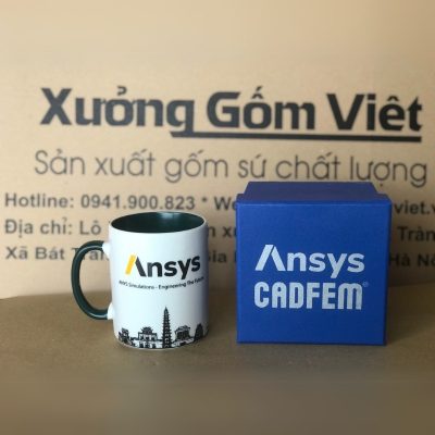 Ly sứ màu in logo dáng trụ quai C màu đen và trắng 350ml LSM-24