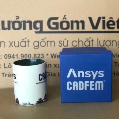 Ly sứ màu in logo dáng trụ quai C màu đen và trắng 350ml LSM-24