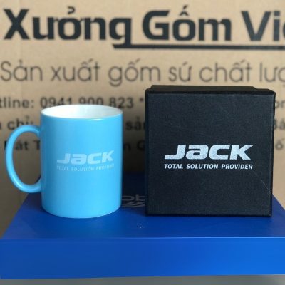 Ly sứ màu in logo dáng trụ quai C màu xanh dương nhạt 350ml LSM-29