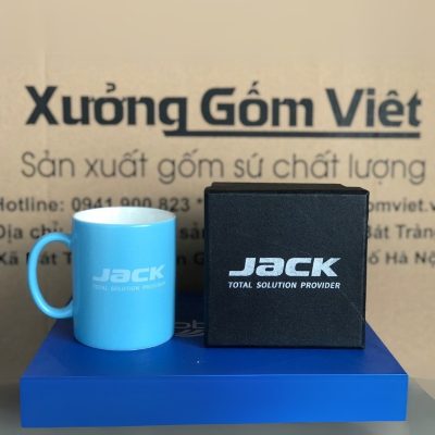 Ly sứ màu in logo dáng trụ quai C màu xanh dương nhạt 350ml LSM-29