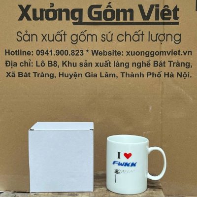 Ly sứ trắng in logo dáng trụ quai C 350ml LST-13