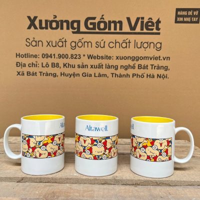 Ly sứ trắng in logo dáng trụ quai C 350ml LST-08