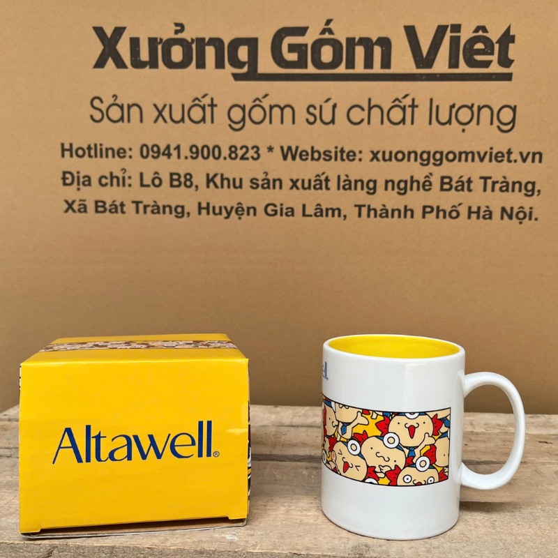 Ly sứ trắng in logo dáng trụ quai C 350ml LST-08