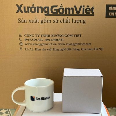 Ly sứ trắng in logo dáng trụ thấp quai C 300ml LST-12