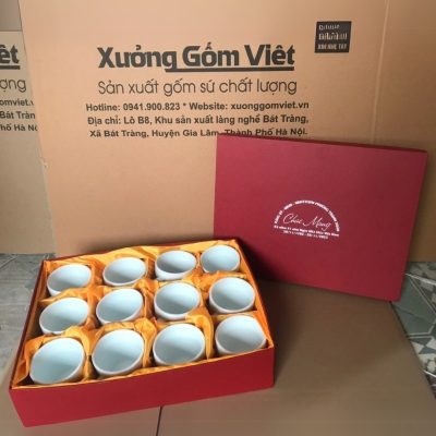 Bộ cốc sứ 12 món in logo dáng trụ lùn quai C 330ml BCS-10