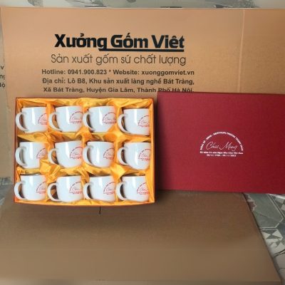 Bộ cốc sứ 12 món in logo dáng trụ lùn quai C 330ml BCS-10