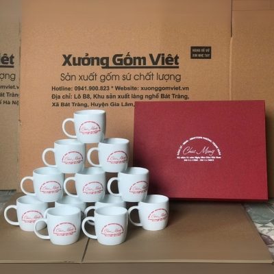 Bộ cốc sứ 12 món in logo dáng trụ lùn quai C 330ml BCS-10