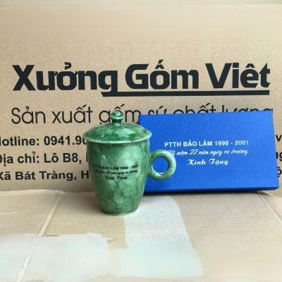 Bộ cốc sứ 2 món in logo có nắp dáng thóp quai tròn 400ml BCS-06