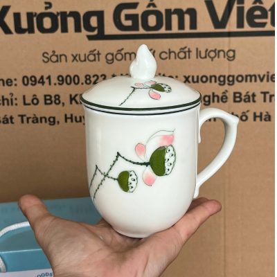 Bộ cốc sứ 2 món in logo dáng ngọn lửa có nắp quai bán tim 350ml BCS-29