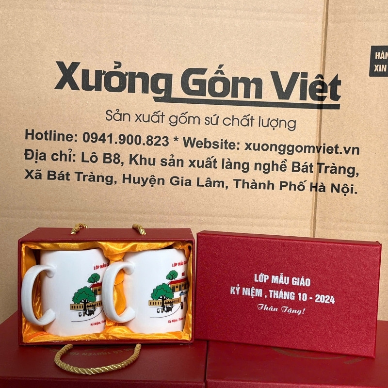 Bộ cốc sứ 2 món in logo dáng trụ quai C 350ml BCS-19