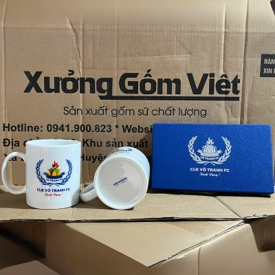 Bộ cốc sứ 2 món in logo dáng trụ quai C 350ml BCS-01