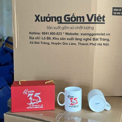 Bộ cốc sứ 2 món in logo dáng trụ quai C 350ml BCS-28