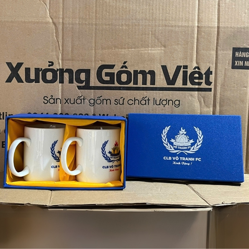 Bộ cốc sứ 2 món in logo dáng trụ quai C 350ml BCS-01