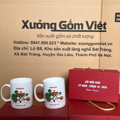 Bộ cốc sứ 2 món in logo dáng trụ quai C 350ml BCS-19