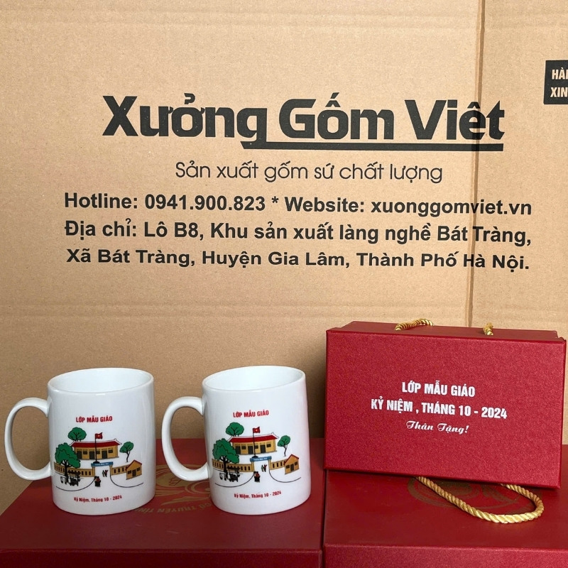Bộ cốc sứ 2 món in logo dáng trụ quai C 350ml BCS-19