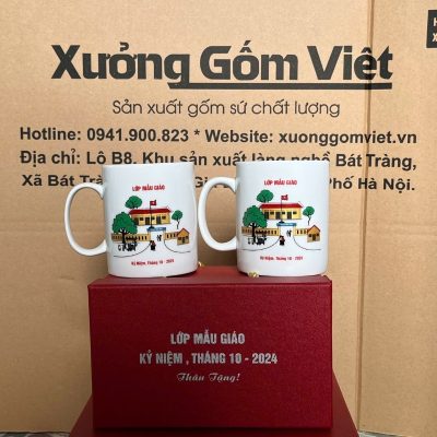 Bộ cốc sứ 2 món in logo dáng trụ quai C 350ml BCS-19