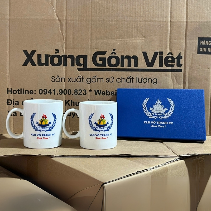 Bộ cốc sứ 2 món in logo dáng trụ quai C 350ml BCS-01