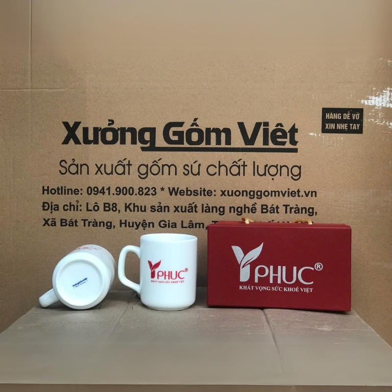 Bộ cốc sứ 2 món in logo dáng trụ quai vuông 350ml BCS-24