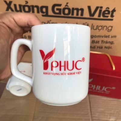 Bộ cốc sứ 2 món in logo dáng trụ quai vuông 350ml BCS-24
