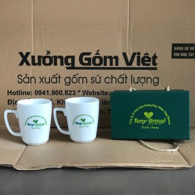 Bộ cốc sứ 2 món in logo dáng vuông quai vuông 330ml BCS-12