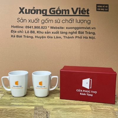 Bộ cốc sứ 2 món in logo dáng vuông quai vuông 330ml BCS-18