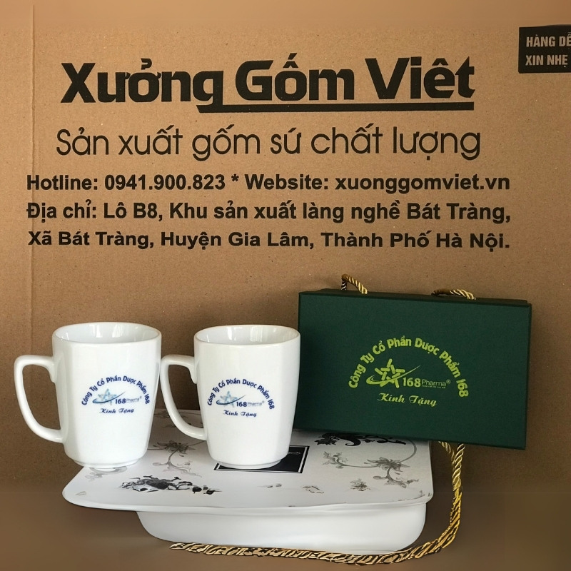 Bộ cốc sứ 2 món in logo dáng vuông quai vuông 330ml BCS-11