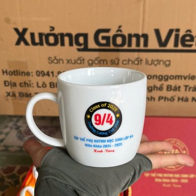 Bộ cốc sứ 4 món in logo dáng trụ lùn quai C 300ml BCS-27