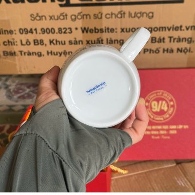 Bộ cốc sứ 4 món in logo dáng trụ lùn quai C 300ml BCS-27