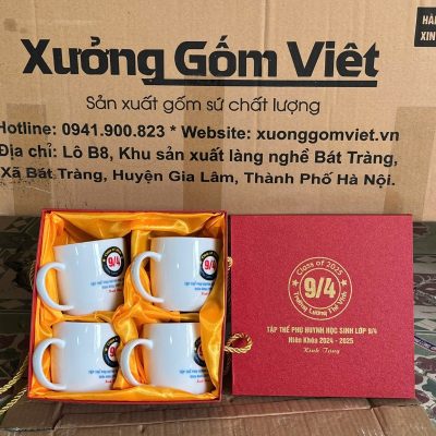 Bộ cốc sứ 4 món in logo dáng trụ lùn quai C 300ml BCS-27