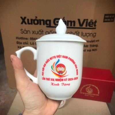 Bộ cốc sứ 2 món in logo dáng ngọn lửa có nắp quai bán tim 350ml BCS-14