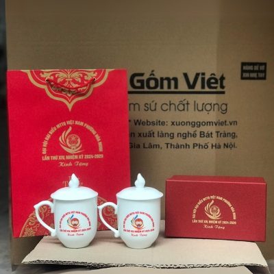 Bộ cốc sứ 2 món in logo dáng ngọn lửa có nắp quai bán tim 350ml BCS-14