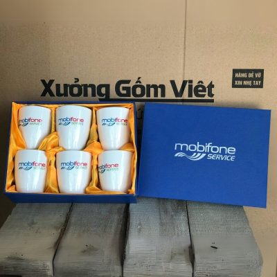Bộ cốc sứ 2 món in logo dáng thóp không quai 400ml BCS-04