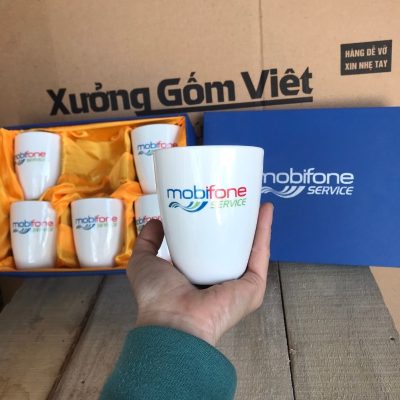 Bộ cốc sứ 2 món in logo dáng thóp không quai 400ml BCS-04