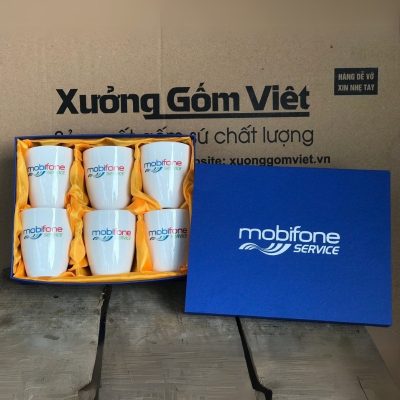 Bộ cốc sứ 2 món in logo dáng thóp không quai 400ml BCS-04