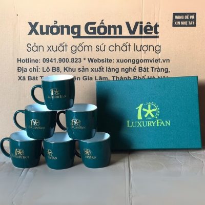 Bộ cốc sứ 6 món in logo dáng trụ lùn quai C kẽ viền vàng 330ml BCS-09