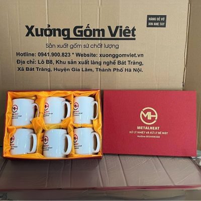 Bộ cốc sứ 6 món in logo dáng trụ quai C 350ml BCS-02