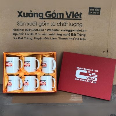 Bộ cốc sứ 6 món in logo dáng trụ quai C 350ml BCS-13