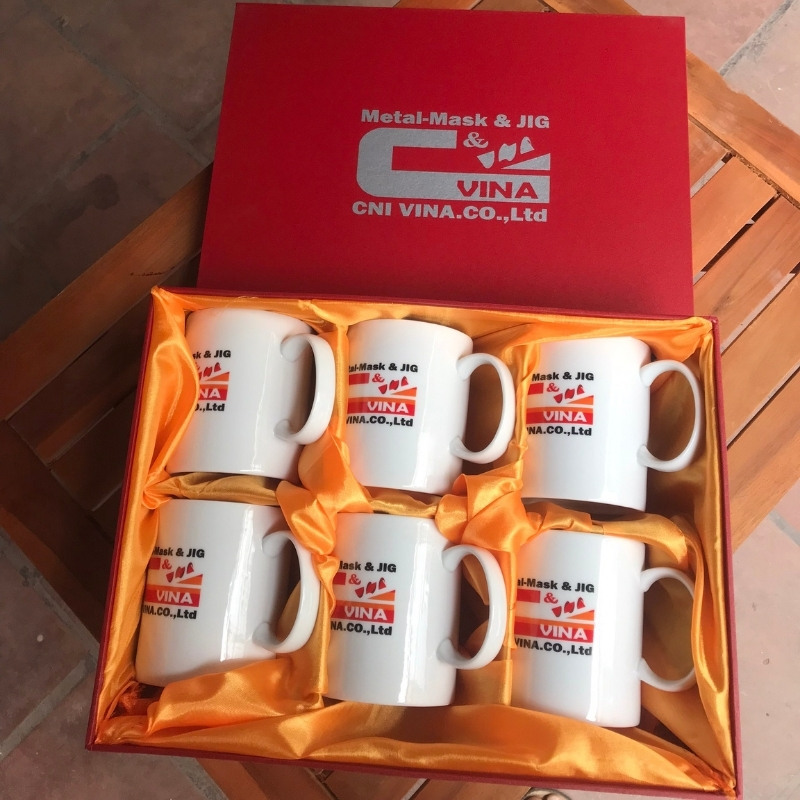 Bộ cốc sứ 6 món in logo dáng trụ quai C 350ml BCS-13