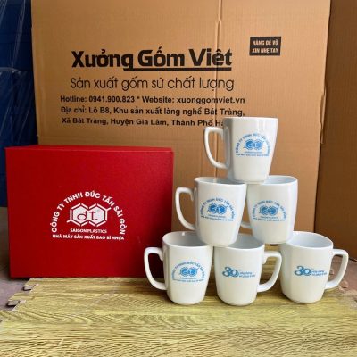 Bộ cốc sứ 6 món in logo dáng vuông quai vuông 330ml BCS-22