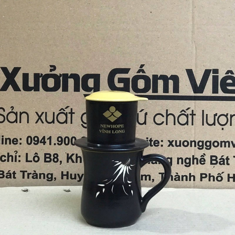 Bộ phin cafe in logo dáng cao màu đen và vàng BPCF-09