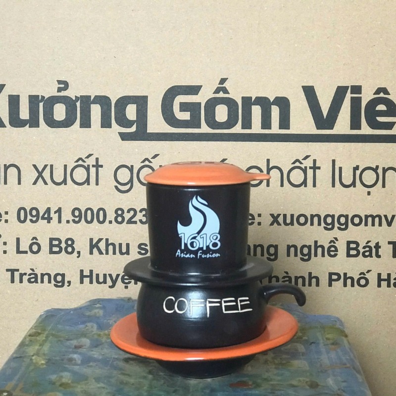 Bộ phin cafe in logo dáng lùn màu đen và cam BPCF-05