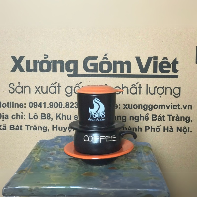 Bộ phin cafe in logo dáng lùn màu đen và cam BPCF-05
