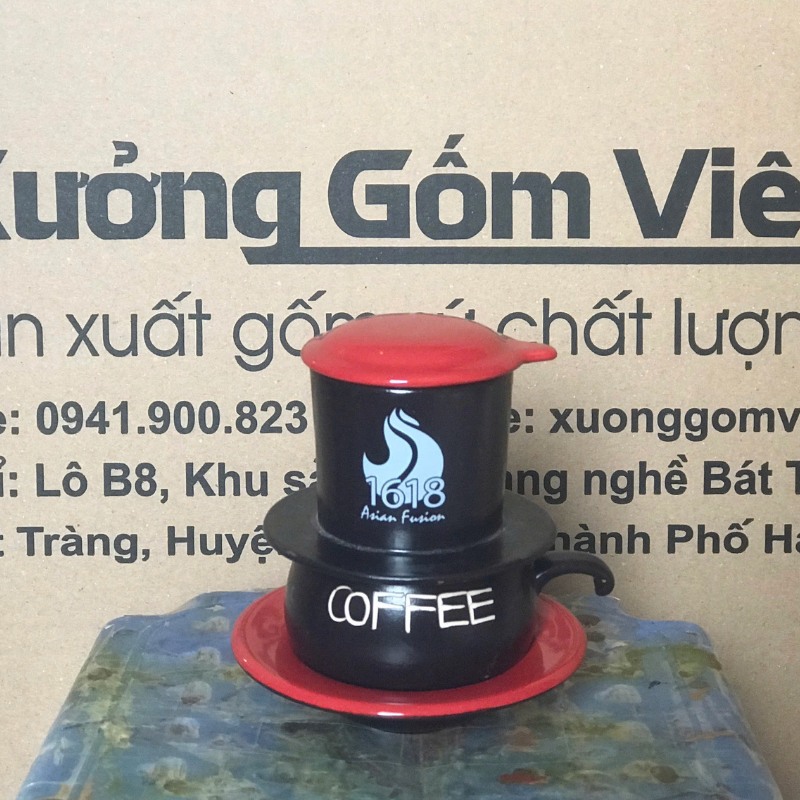 Bộ phin cafe in logo dáng lùn màu đen và đỏ BPCF-04
