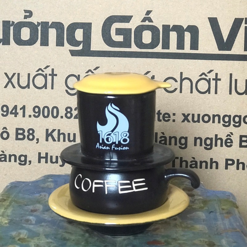 Bộ phin cafe in logo dáng lùn màu đen và vàng BPCF-01