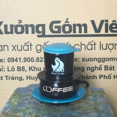 Bộ phin cafe in logo dáng lùn màu đen và xanh dương BPCF-03